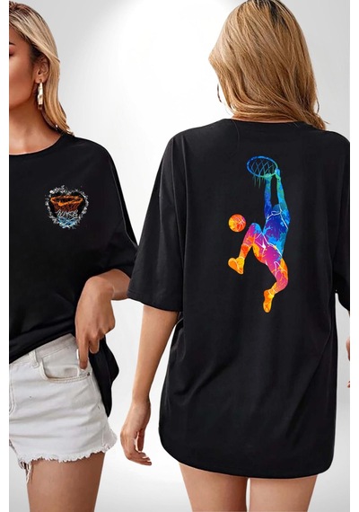 Smaç Basketbol Renkli Siyah Oversize Unisex Ön Ve Sırt Baskılı Tişört Siyah