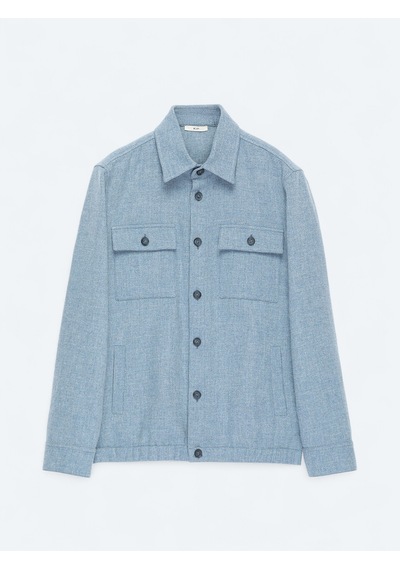 Kip Mavi Düz Regular Fit Uzun Dokuma Yün Karışımlı Overshirt