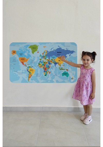 Türkçe Eğitici Ülke Ve Başkent Detaylı Atlası Dünya Haritası Duvar Sticker -60x105-3831 Çok Renkli