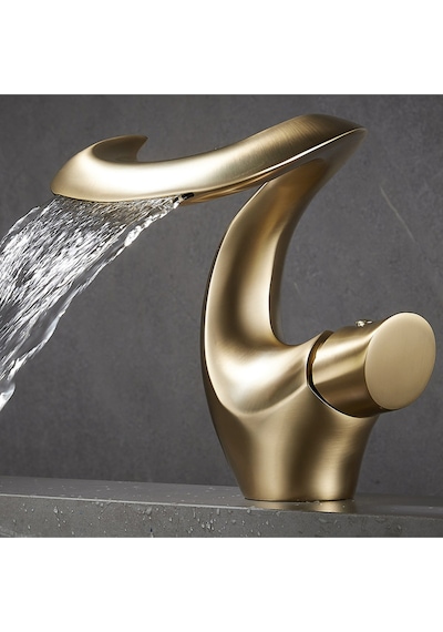 Lüks Gold Şelale Lavabo Bataryası Premium Tek Kollu Tezgah Üstü Musluk Otel Özel Tasarım Gold