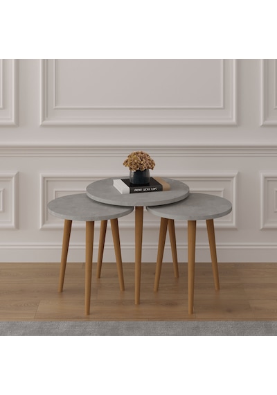 Asra Trend 3'lü Yuvarlak Zigon Sehpa Takımı SEHPA01 %100 MDF Ahşap Ayaklı Retro Gri