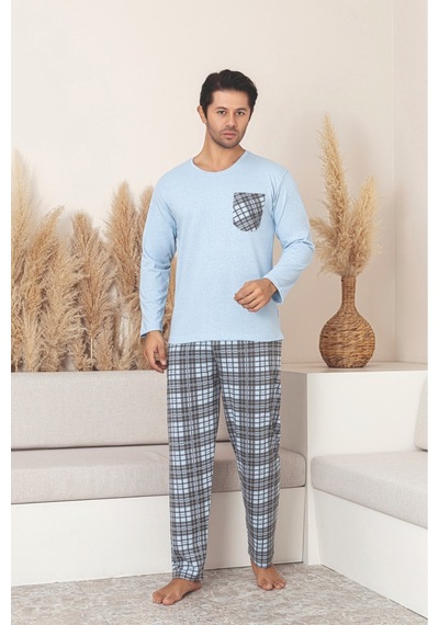 Sude Homewear Erkek Ekoseli Cepli Uzun Kollu Pijama Takımı Mavi