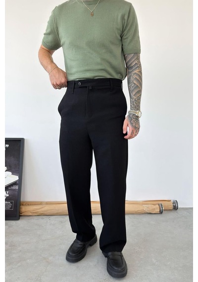 Siyah Dokulu Basic Kumaş Pantolon Siyah