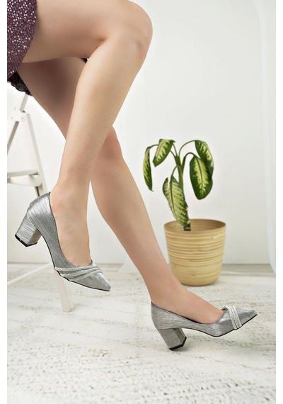 Nesilshoes Nesil Shoes Özma 7008 Platin Simli Topuklu Kadın Stiletto