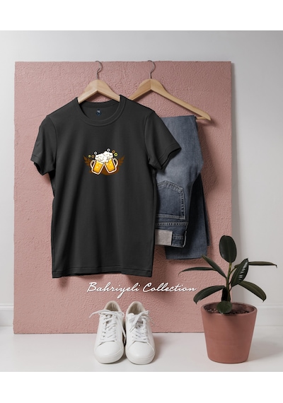 Oversize Draught Beer Wine Drink Bottle Tasarımlı Unisex T-shirt Siyah