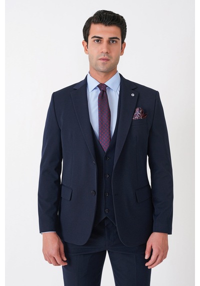 Efor Slim Fit Çift Yırtmaç Esnek Yünlü Lacivert Yelekli Takım Elbise Tk 958