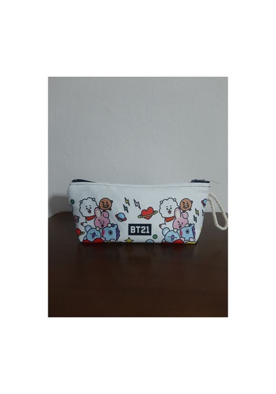 Kpop - Bt21 Karakterleri Kolaj Beyaz Zeminli Desenli Tasarım Kalemlik - Makyaj Çantası Diğer