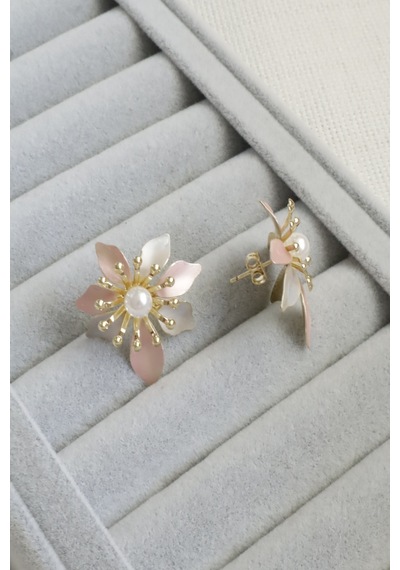 Kadın Küpe Kararmaz 14k Renk Vip Seri Pastel İnci Çiçek 3cm Küpe Altın