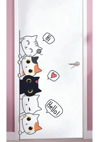 Sevimli Kediler Kapı Duvar Çocuk Odası Sticker 86x38 Cm