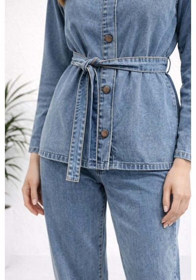 Hiramir Kadın Modern Kesim Kuşaklı Denim Takım Yz2601 Mavi