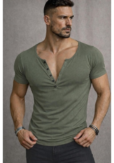 Özel Üretim Henley Yaka Düğmeli Açık Geniş Yaka Tişört T-shirt Haki Özel Üretim Henley Yaka Düğmeli Açık Geniş Yaka Tişört T-shirt Haki