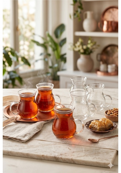6'lı Isıya Dayanıklı Kulplu Cam Çay Bardağı Takımı 160 Ml Bohem Minimalist Modern Tasarım Şık Sunum Şeffaf