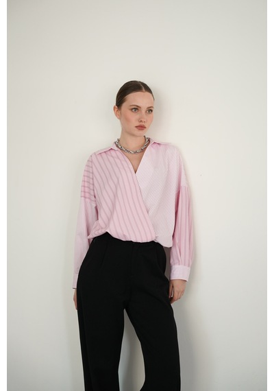Verymoda Yakadan Etek Ucuna Capraz Dikim Gömlek F2094 Pembe Pembe