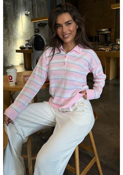 Madmext Pembe Çizgili Polo Yaka Düğmeli Kadın Kazak Mg2561 Pembe
