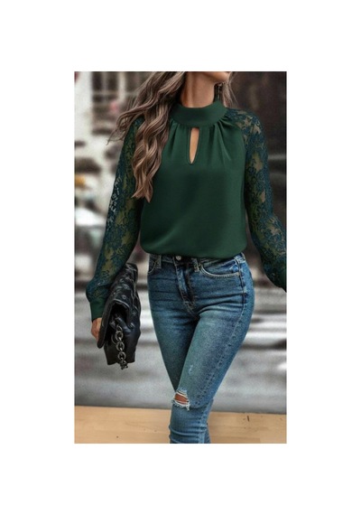 Butik İstanbul Kadın Uzun Kollu Göğüs Pencere Detay Yaka Boğazlı Kolları Tüllü Sandy Bluz Yeşil