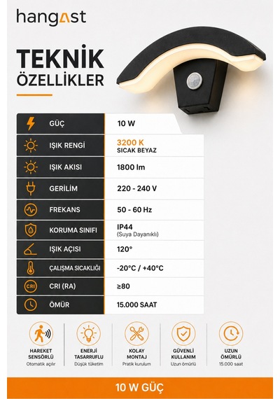Sensörlü Yarım Ay Led Aplik 24w 1800 Lm 3200k Sıcak Beyaz Hareket Sensörlü Duvar Lambası Siyah
