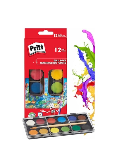 12 Renk Sulu Boya 1 Paket Fırça Hediyeli 12 Li Pritt Suluboya Canlı Renkler 28 Mm Boya Çapı Büyük Boy Çok Renkli
