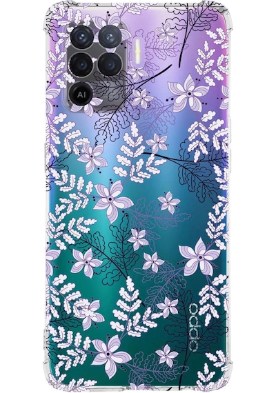 Oppo A94 Uyumlu Köşe Korumalı Floral Lila Tasarımlı Şeffaf Silikon Kılıf