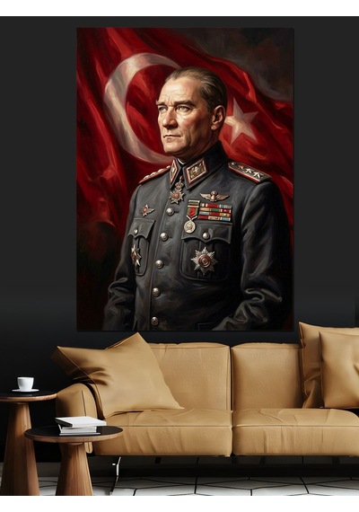 Atatürk Al Bayrak Önünde Üniformalı Dekoratif Kanvas - Mdf Ahşap Tablo