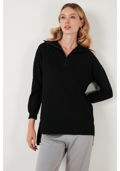 Lela Regular Fit Fermuarlı Yaka Önü Kısa Arkası Uzun Bayan Sweat 5865876 Siyah