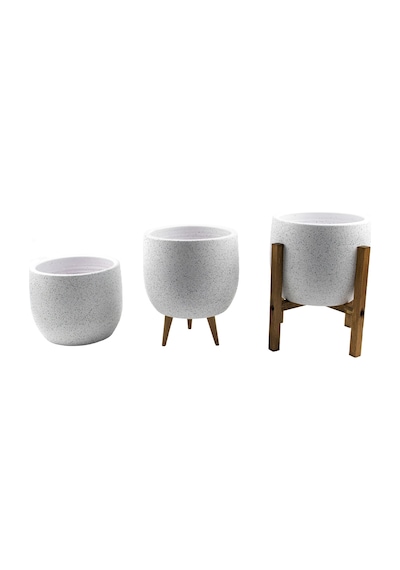 Bitki Tasarımı Ev Dekorasyon Aksesuar Beyaz Granit Toprak Saksı Saksılık Salon Çiçeklik Üçlü Set- 19 Cm