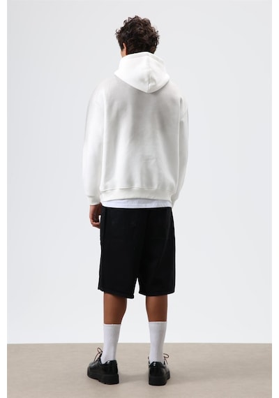 Vamos Oversize Baskılı Yıkamalı Hoodie Ekru