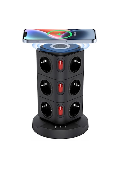 12 Prizli Güç Kulesi Akıllı Priz 3 Usb + Kablosuz Şarj 3680w Yüksek Güç