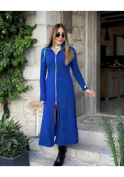 Etiler Collection Kadın Uzun Kollu Önden Fermuarlı Ithal Krep Elbise Saks Mavi