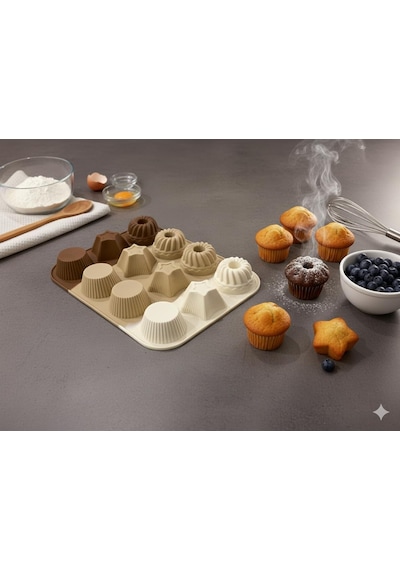 Premium 12 Bölmeli Silikon Muffin Ve Kek Kalıbı Seti - Yapışmaz Gıda Sınıfı Silikon, Isıya Dayanıklı Pişirme Kabı - Modern Degrade Tasarım 2 Renk Seçeneği Çok Renkli