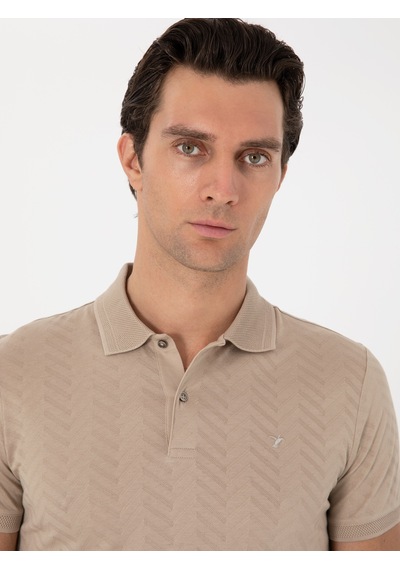 Vizon Slim Fit Desenli Polo Yaka T-shirt Kahverengi