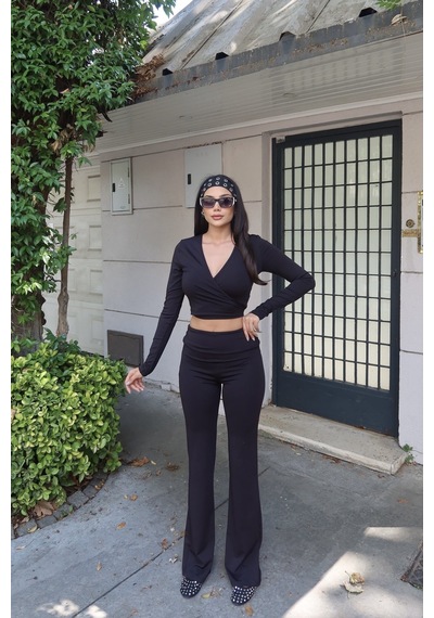 Kechi Woman Kruvaze Yaka Uzun Kollu Crop Bluz Siyah