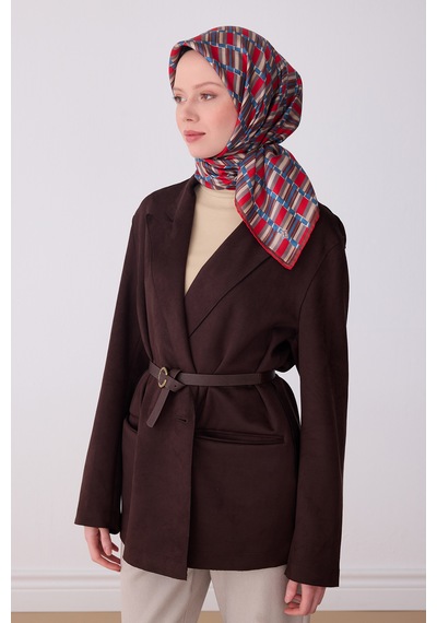 Belli Twill İpek Eşarp Kırmızı, Kahverengi, İndigo Çok Renkli