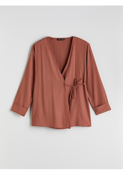 Lcw Modest Kahverengi Kruvaze Yaka Keten Karışımlı Kadın Kimono