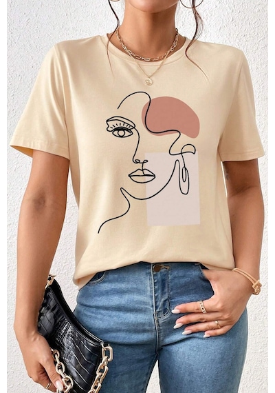 Unisex Make Up Siluet Baskılı Tasarım Tshirt Bej