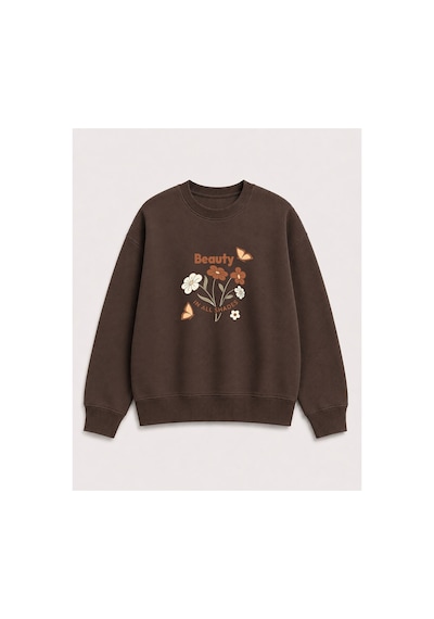 Herkesemoda Beauty Baskı Detaylı Bisiklet Yaka Şardonlu 2 İplik Sweatshirt Kahverengi