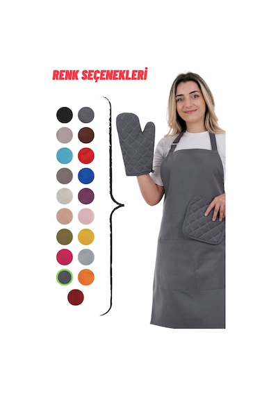 Simple 3lü Set Ayar Askılı Mutfak Önlüğü Seti Eldiven, Tutacak Füme