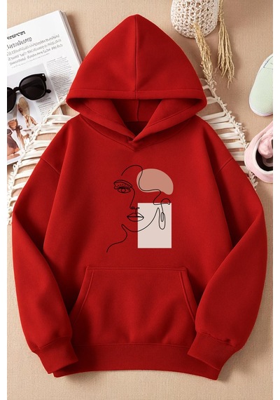 Uyguntarz Silüet Baskılı Oversize Sweatshirt Kırmızı