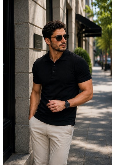 Luxıc Core Erkek Polo Yaka Siyah Tişört Likralı Pike Kumaş Terletmez Slim Fit Günlük Şık Tasarım