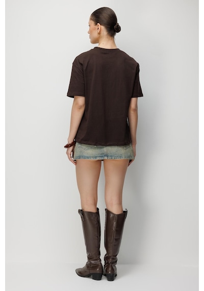 Mixray 4851 Kadın Oversize Fit Bisiklet Yaka Basic T-shirt Kahve Kahverengi