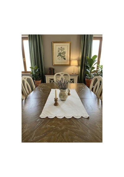 Beyaz Dantel Detaylı Masa Örtüsü Runner 90x47 Cm - Fransız Güpürlü