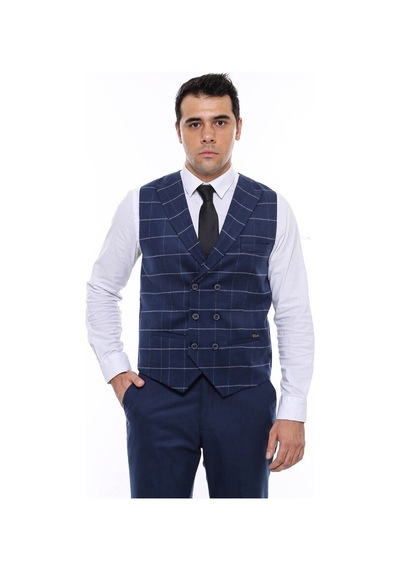 Wessi Kruvaze Yakalı Kareli Desenli Mavi Erkek Yelek 001