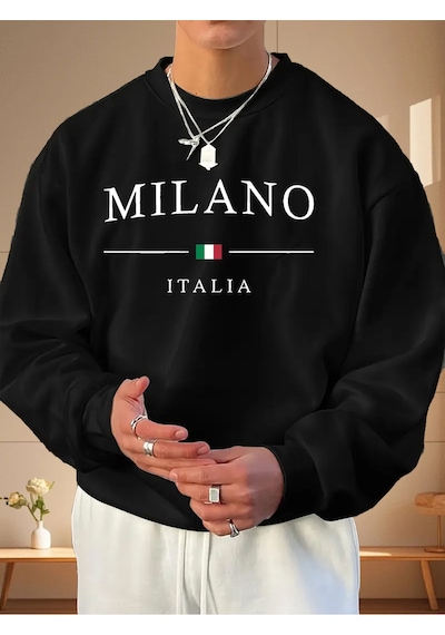 Uyguntarz Unisex Milano Italıa Tasarım Baskılı Bisiklet Yaka Sweatshirt siyah