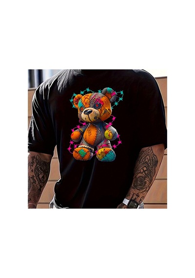 Caddemia Yaz Moda Rahat Spor Gevşek Büyük Karikatür Teddy Bear Desen Baskılı Yuvarlak Siyah 2XL Caddemia Yaz Moda Rahat Spor Gevşek Büyük Karikatür Teddy Bear Desen Baskılı Yuvarlak Siyah 2XL
