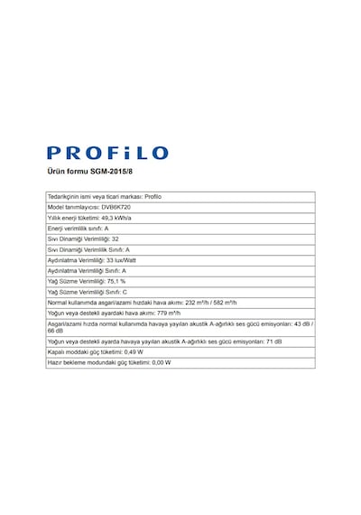 Profilo DVB6K720 Duvar Tipi Davlumbaz