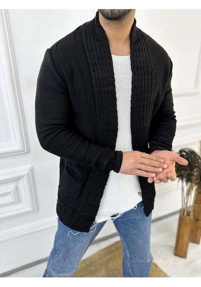Elku Moda Hırka Örgülü Şal Yaka Cepli Tüylenmez Örgü Triko Hırka Siyah