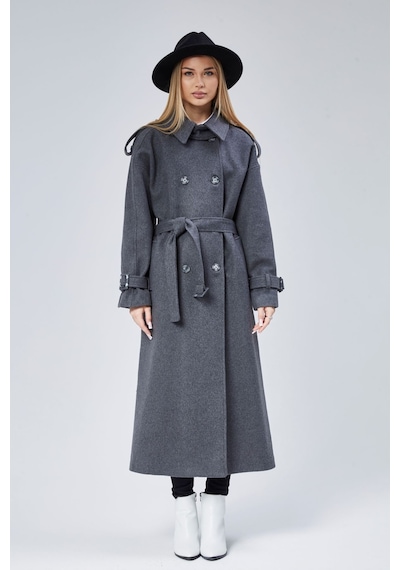 Kuşaklı Oversize Kaşe Kaban Koyu Gri