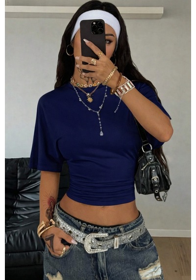 Kadın Kısa Kollu Crop Tişört Bisiklet Yaka, Slim Fit, Günlük & Şık Basic T-shirt Lacivert