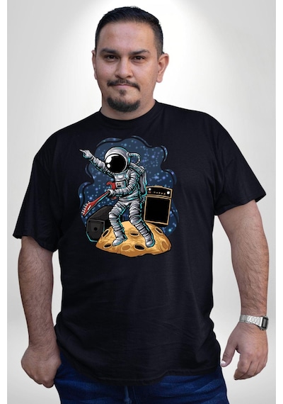 Angemiel Gitar Astronot Müzik Uzay Siyah Büyük Beden Erkek Kadın Unisex Basic Ön Baskılı Tişört Siyah