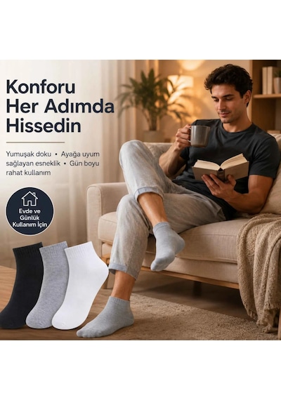 Çorap Giyim Erkek Kısa Konç Çorap 3 Lü Paket, %80 Pamuklu, Dikişsiz Burun, Nefes Alan Yumuşak Bilek Çorabı, Siyah Gri Beyaz Çok Renkli