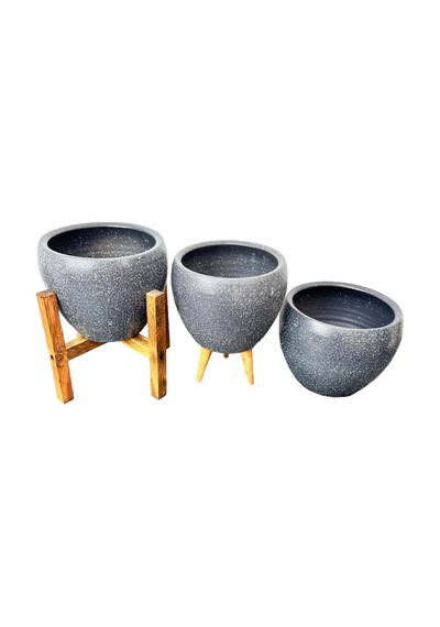Gri Granit Boyalı Toprak Saksı-üçlü Set-terracota-15 Cm Çap